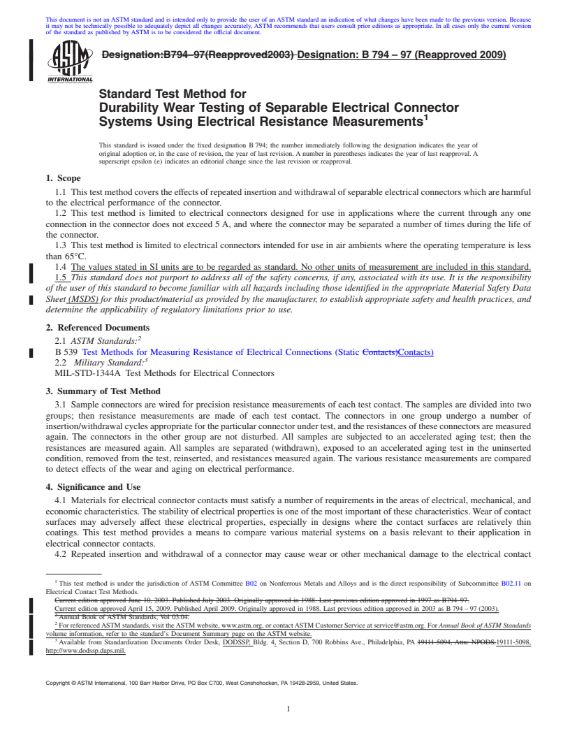 REDLINE ASTM B794-97(2009) - Standard Test Method for Durability Wear Testing of Separable Electrical Connector Systems Using Electrical Resistance Measurements