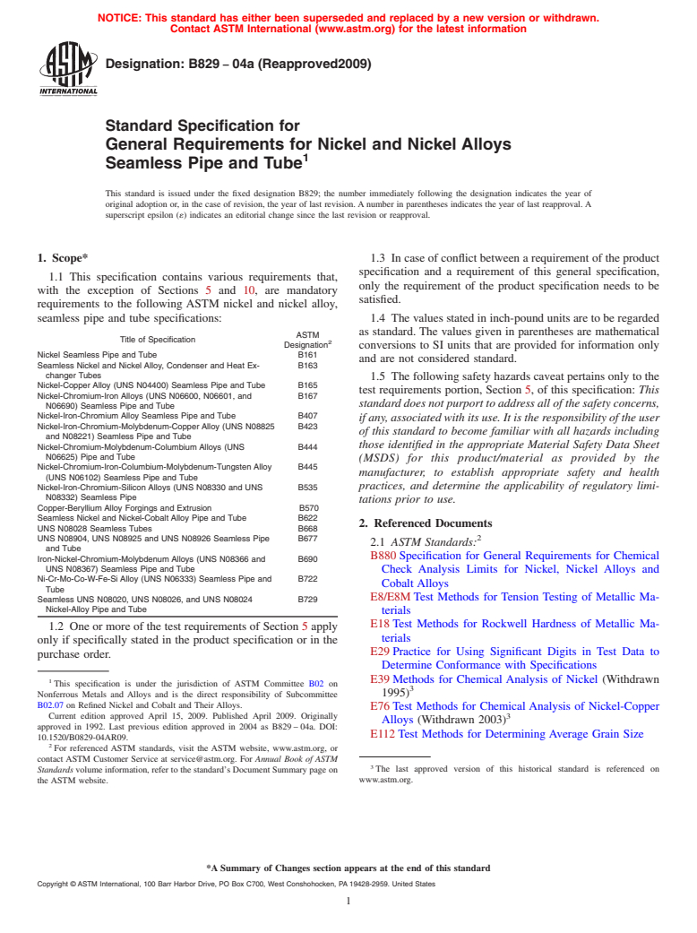 ASTM B829-04a(2009) - Standard Specification for General Requirements for Nickel and Nickel Alloys Seamless Pipe and Tube