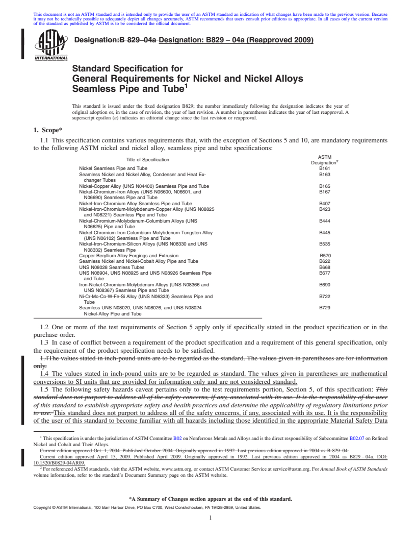 REDLINE ASTM B829-04a(2009) - Standard Specification for General Requirements for Nickel and Nickel Alloys Seamless Pipe and Tube