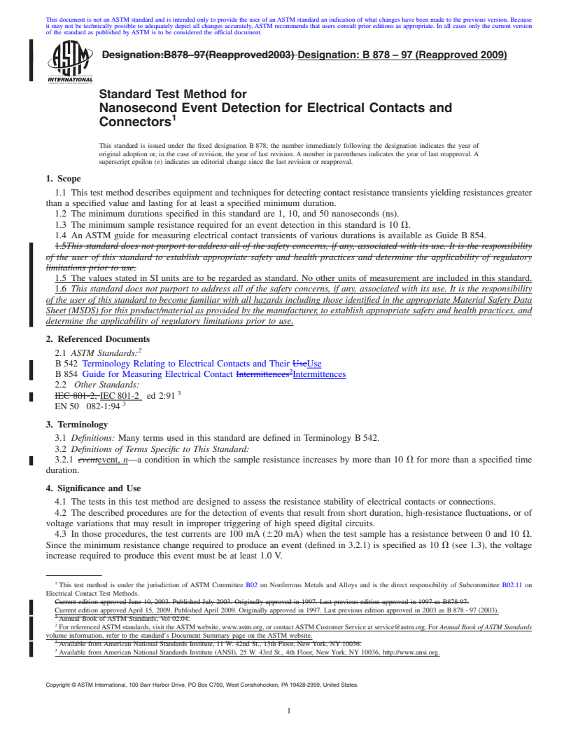 REDLINE ASTM B878-97(2009) - Standard Test Method for Nanosecond Event Detection for Electrical Contacts and Connectors