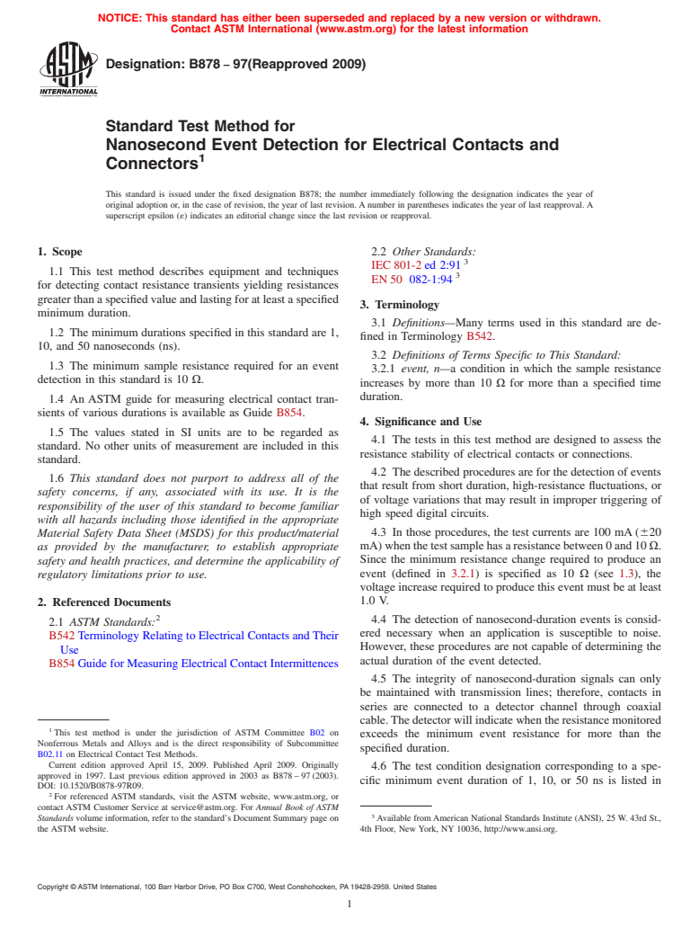 ASTM B878-97(2009) - Standard Test Method for Nanosecond Event Detection for Electrical Contacts and Connectors