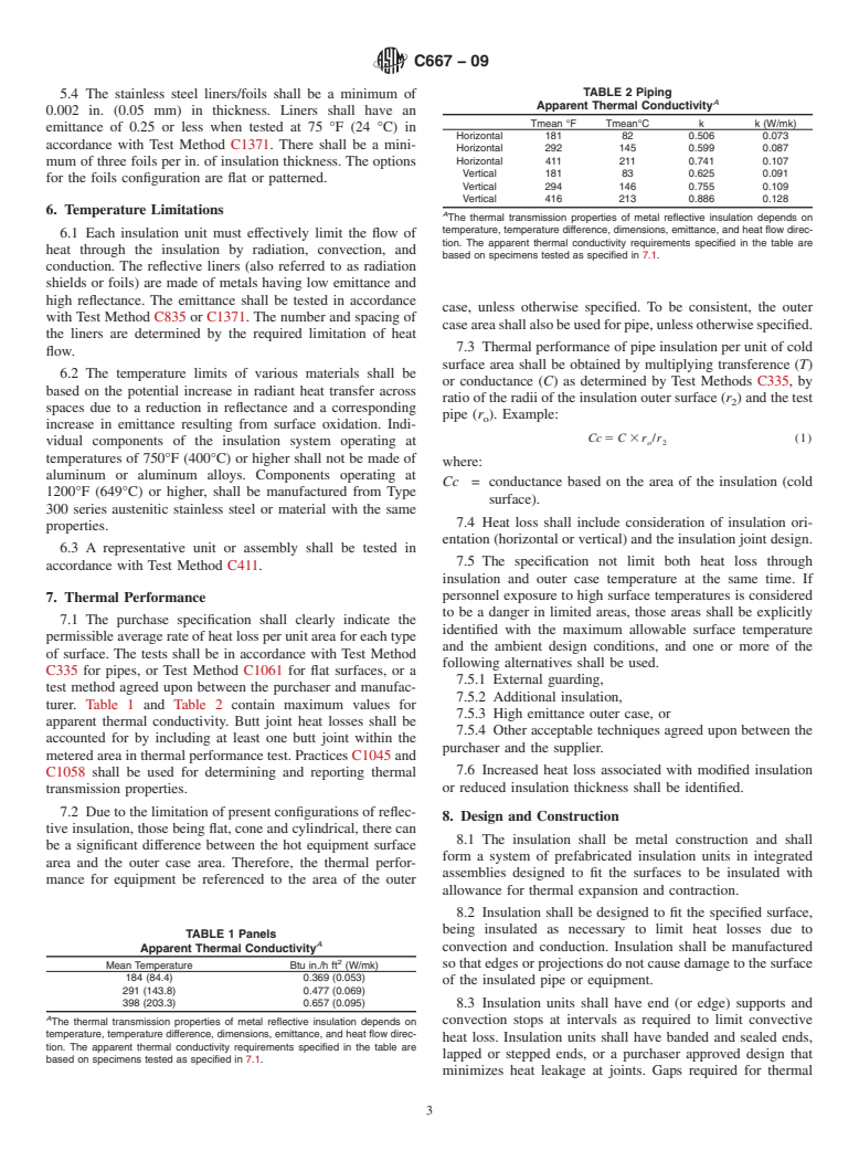 ASTM C667-09 - Standard Specification for Prefabricated Reflective Insulation Systems for Equipment and Pipe Operating at Temperatures above Ambient Air