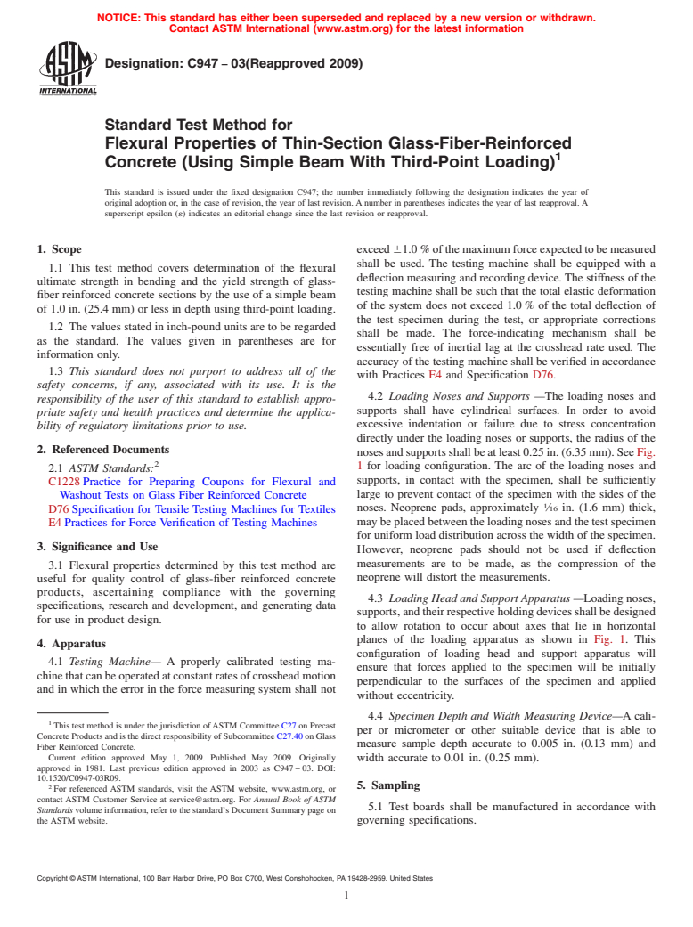 ASTM C947-03(2009) - Standard Test Method for Flexural Properties of Thin-Section Glass-Fiber-Reinforced Concrete (Using Simple Beam With Third-Point Loading)