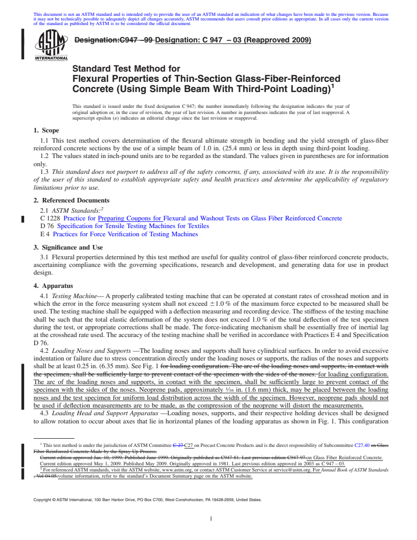 REDLINE ASTM C947-03(2009) - Standard Test Method for Flexural Properties of Thin-Section Glass-Fiber-Reinforced Concrete (Using Simple Beam With Third-Point Loading)