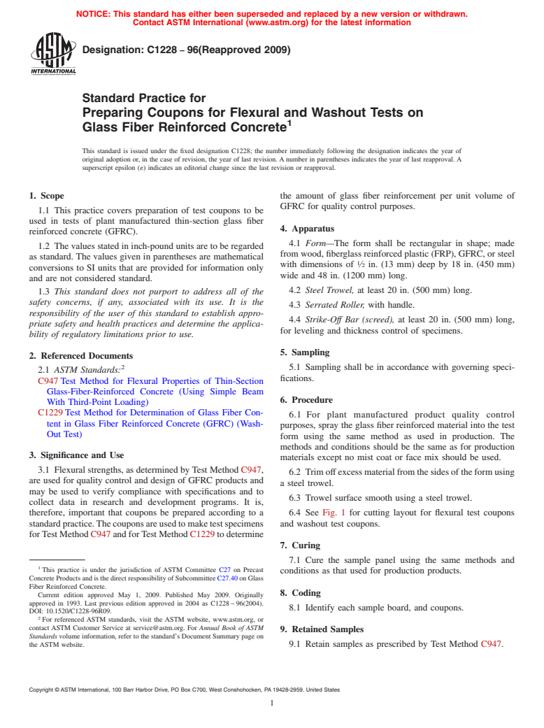 ASTM C1228-96(2009) - Standard Practice for Preparing Coupons for Flexural and Washout Tests on Glass Fiber Reinforced Concrete