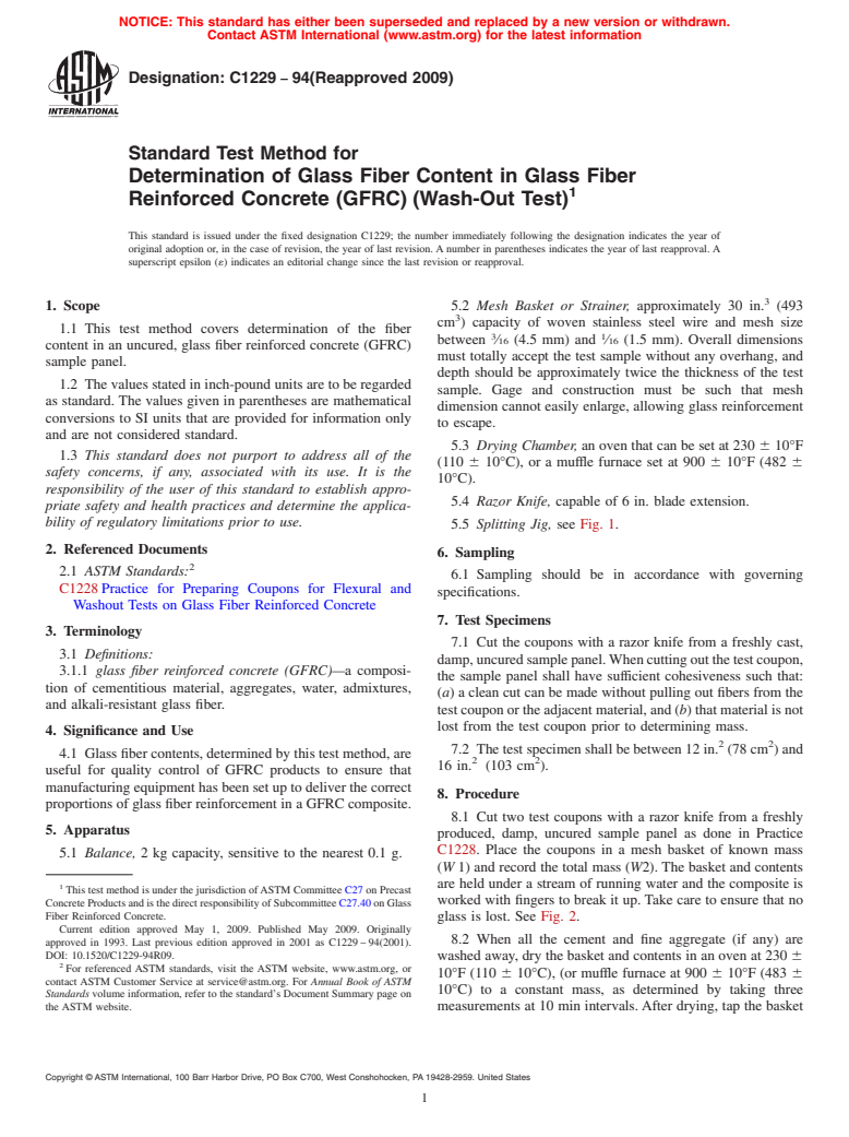 ASTM C1229-94(2009) - Standard Test Method for Determination of Glass Fiber Content in Glass Fiber Reinforced Concrete (GFRC) (Wash-Out Test)