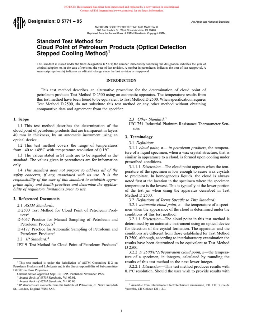 ASTM D5771-95 - Standard Test Method for Cloud Point of Petroleum Products (Optical Detection Stepped Cooling Method)
