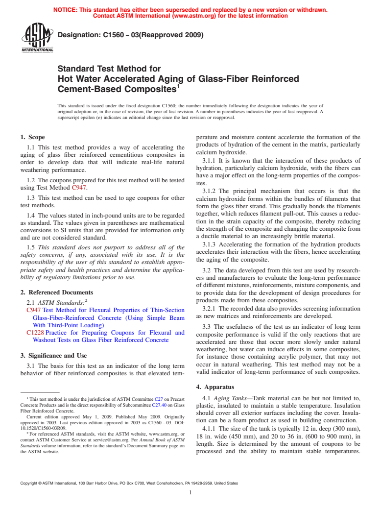 ASTM C1560-03(2009) - Standard Test Method for Hot Water Accelerated Aging of Glass-Fiber Reinforced Cement-Based Composites