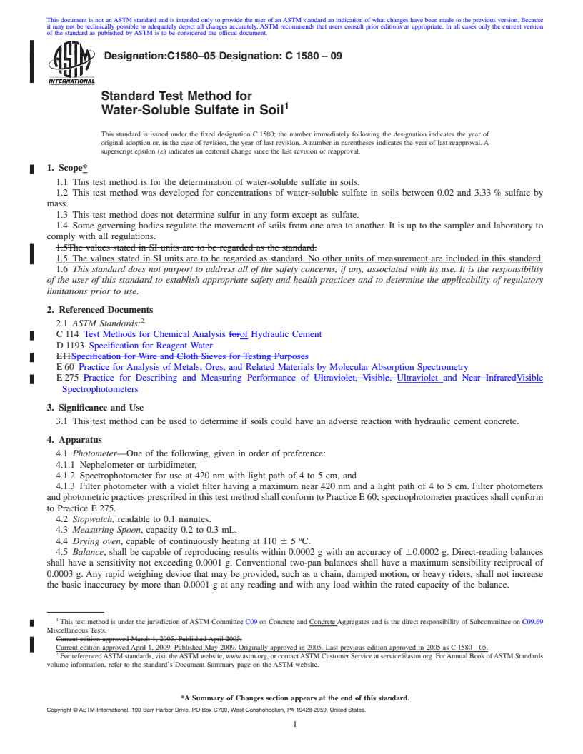 REDLINE ASTM C1580-09 - Standard Test Method for Water-Soluble Sulfate in Soil