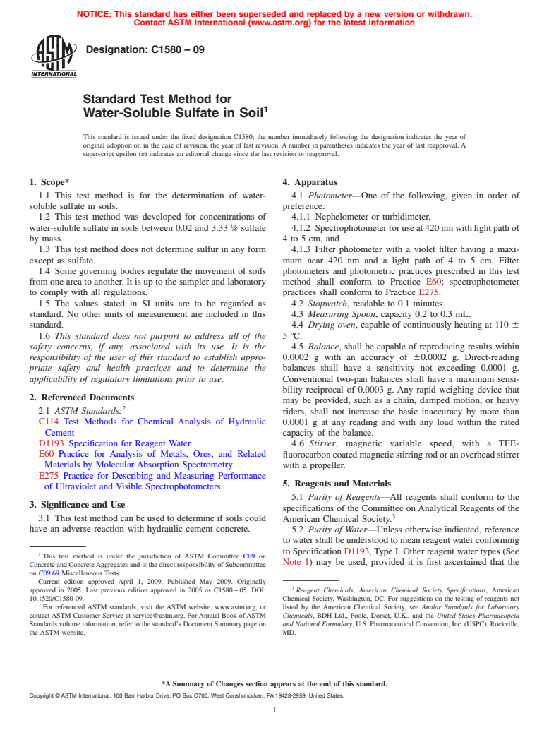 ASTM C1580-09 - Standard Test Method for Water-Soluble Sulfate in Soil