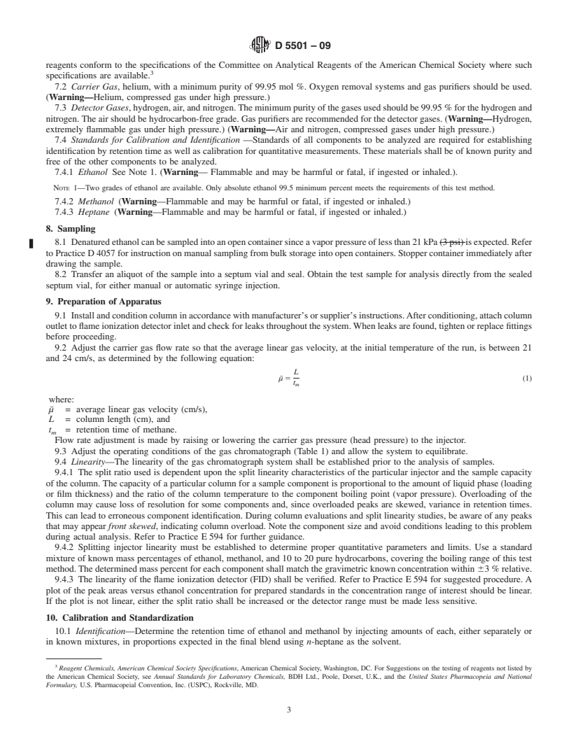 REDLINE ASTM D5501-09 - Standard Test Method for Determination of Ethanol Content of Denatured Fuel Ethanol by Gas Chromatography