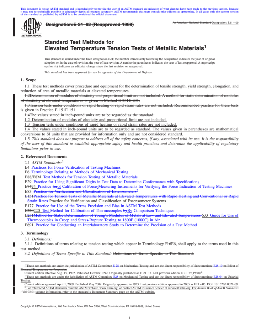 REDLINE ASTM E21-09 - Standard Test Methods for Elevated Temperature Tension Tests of Metallic Materials