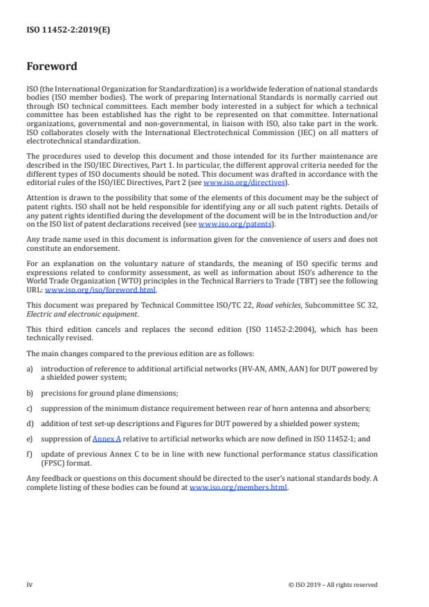 ISO 11452-2:2019 ISO 11452-2:2019 - Road vehicles -- Component test methods for electrical disturbances from narrowband radiated electromagnetic energy - Page 4 preview