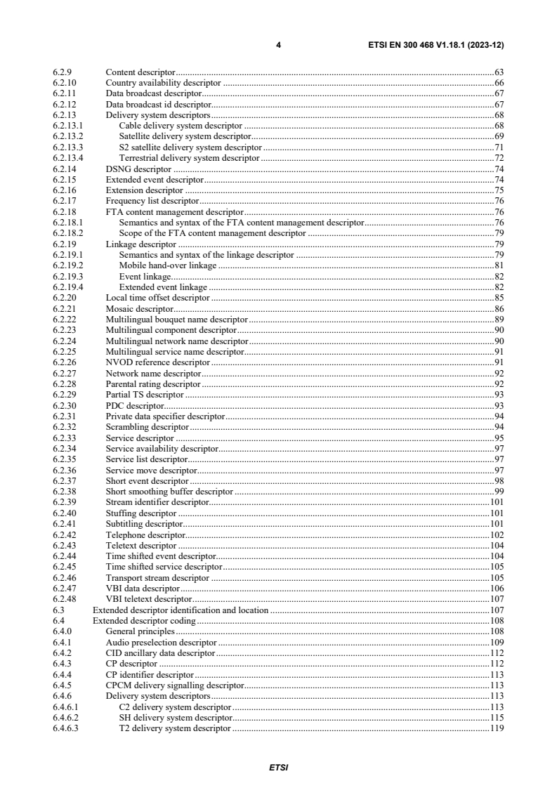 SIST EN 300 468 V1.18.1:2024 ETSI EN 300 468 V1.18.1 (2023-12) - Digital Video Broadcasting (DVB); Specification for Service Information (SI) in DVB systems - Page 4 preview