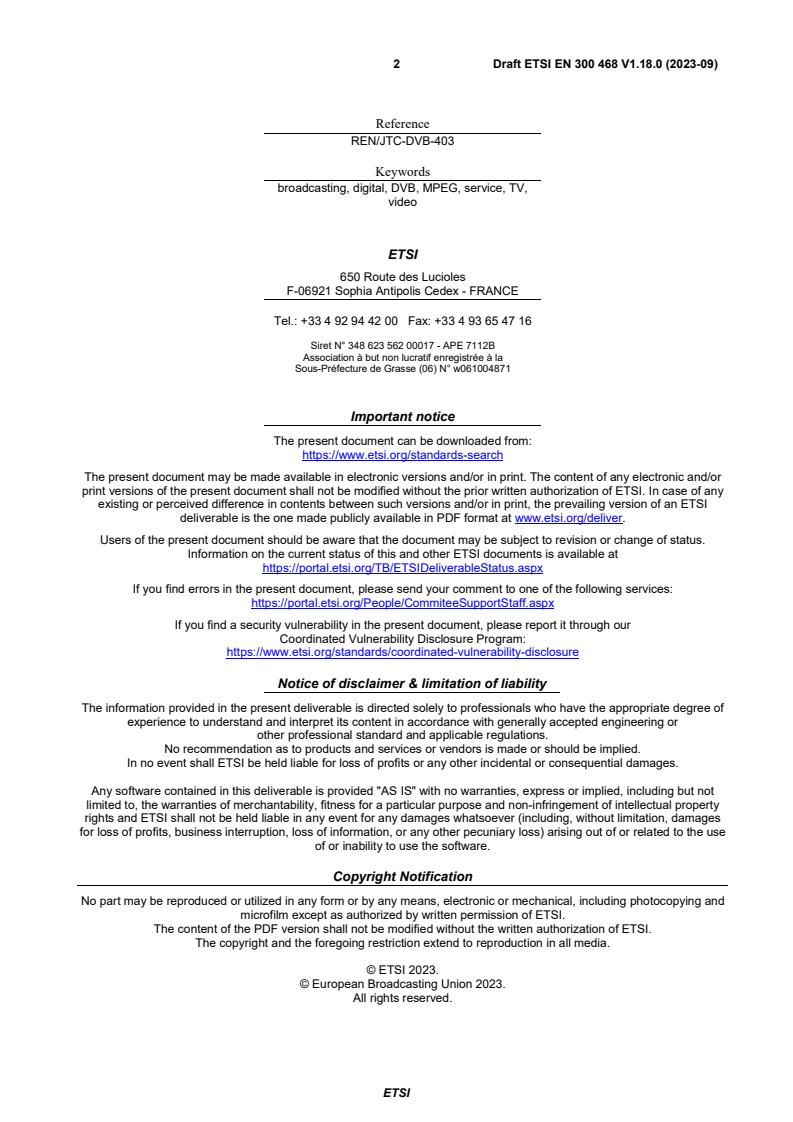 SIST EN 300 468 V1.18.1:2024 ETSI EN 300 468 V1.18.0 (2023-09) - Digital Video Broadcasting (DVB); Specification for Service Information (SI) in DVB systems - Page 2 preview