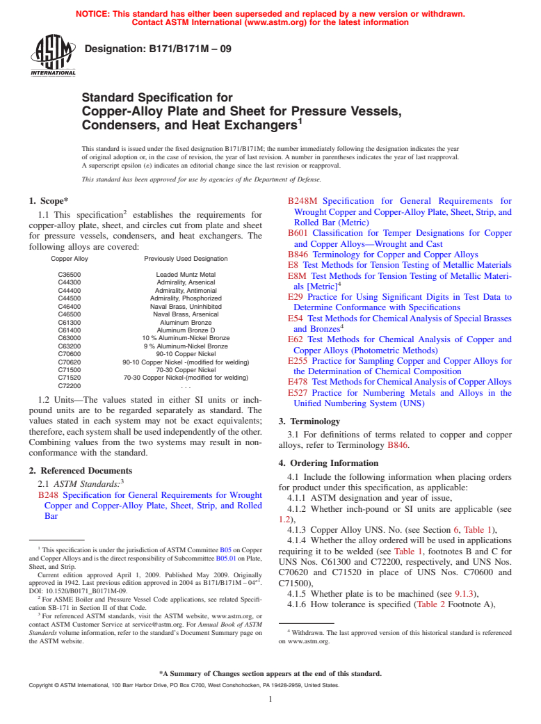 ASTM B171/B171M-09 - Standard Specification for Copper-Alloy Plate and Sheet for Pressure Vessels, Condensers, and Heat Exchangers