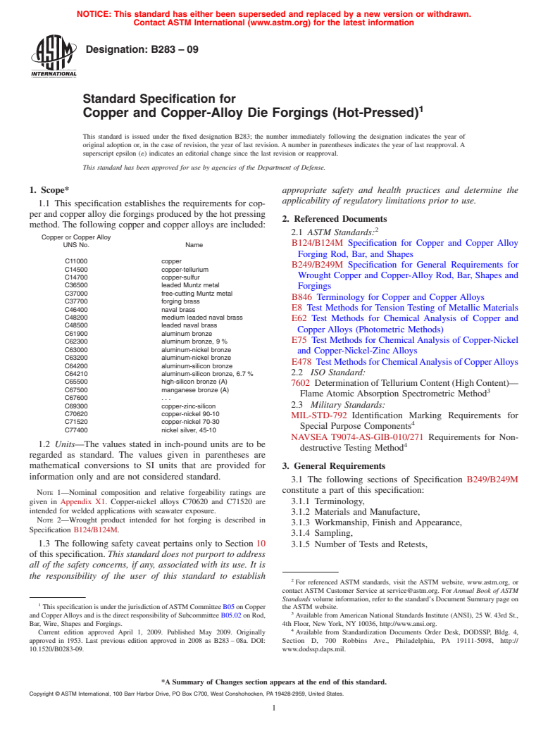 ASTM B283-09 - Standard Specification for  Copper and Copper-Alloy Die Forgings (Hot-Pressed)