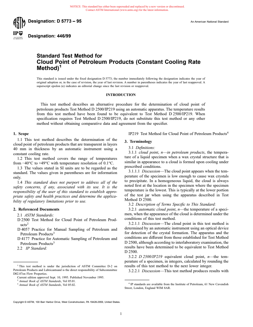 ASTM D5773-95 - Standard Test Method for Cloud Point of Petroleum Products (Constant Cooling Rate Method)