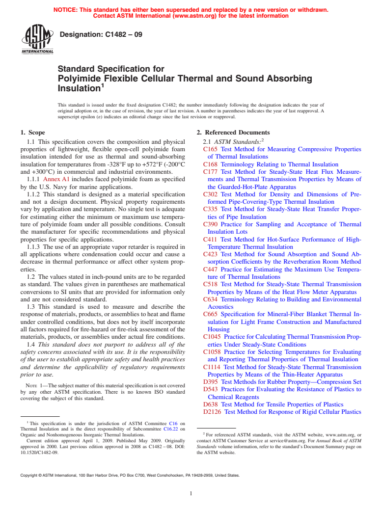 ASTM C1482-09 - Standard Specification for Polyimide Flexible Cellular Thermal and Sound Absorbing Insulation