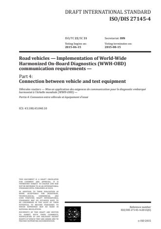 ISO 27145-4:2016 - Road vehicles -- Implementation of World-Wide Harmonized On-Board Diagnostics (WWH-OBD) communication requirements