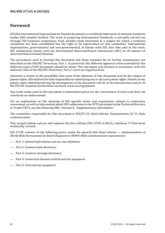ISO 27145-4:2016 ISO 27145-4:2016 - Road vehicles -- Implementation of World-Wide Harmonized On-Board Diagnostics (WWH-OBD) communication requirements - Page 4 preview