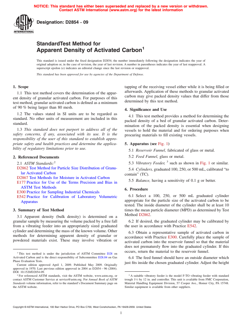 ASTM D2854-09 - Standard Test Method for Apparent Density of Activated Carbon