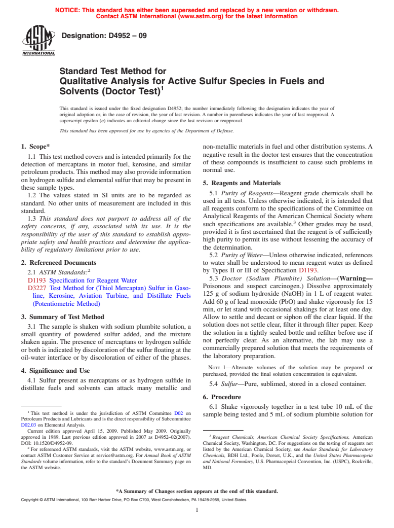 ASTM D4952-09 - Standard Test Method for Qualitative Analysis for Active Sulfur Species in Fuels and Solvents (Doctor Test)