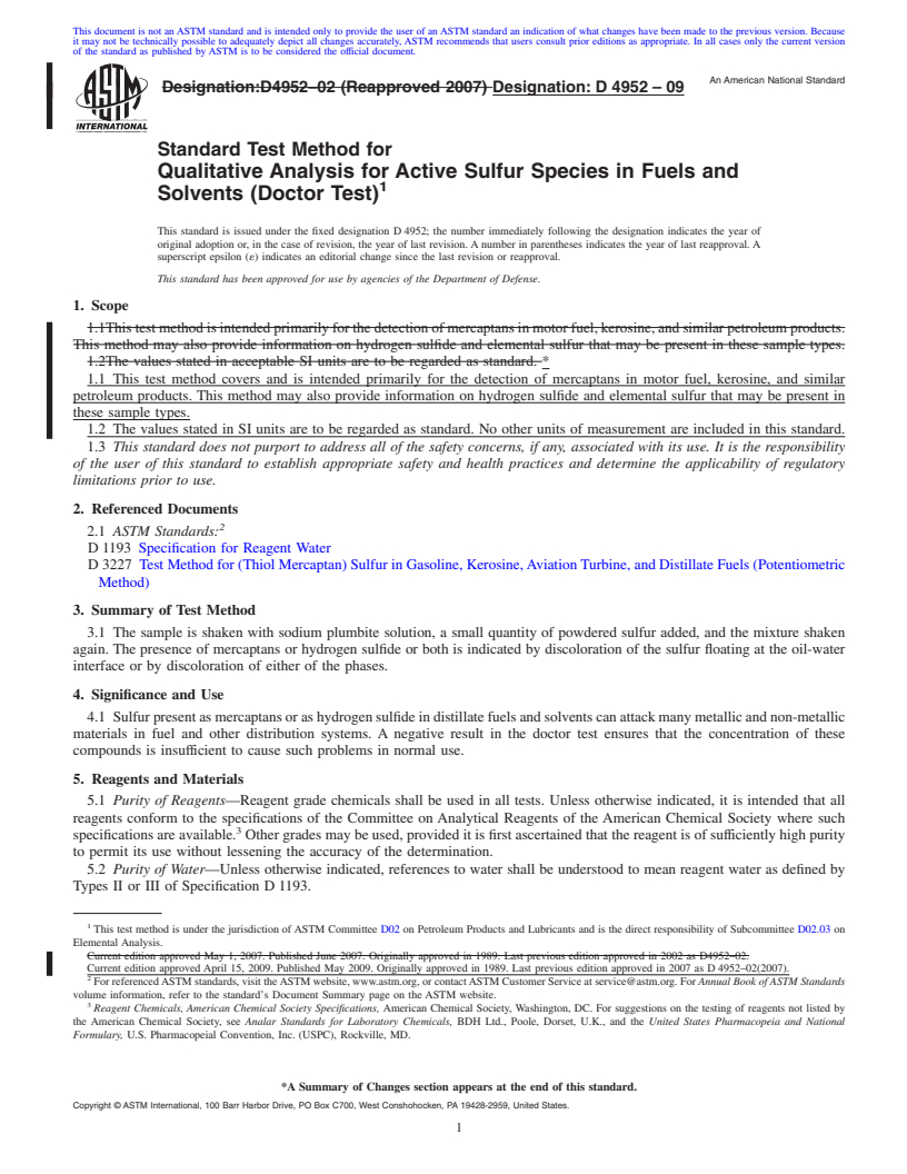 REDLINE ASTM D4952-09 - Standard Test Method for Qualitative Analysis for Active Sulfur Species in Fuels and Solvents (Doctor Test)