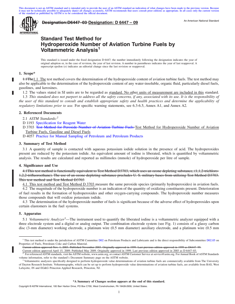 REDLINE ASTM D6447-09 - Standard Test Method for Hydroperoxide Number of Aviation Turbine Fuels by Voltammetric Analysis