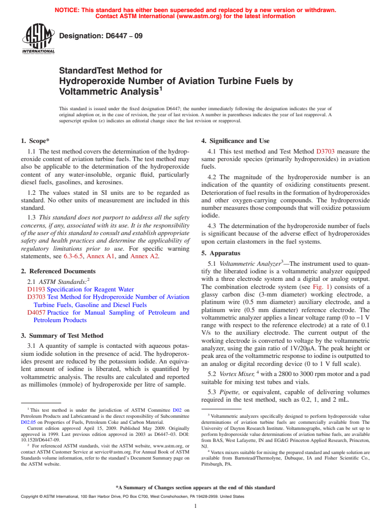 ASTM D6447-09 - Standard Test Method for Hydroperoxide Number of Aviation Turbine Fuels by Voltammetric Analysis