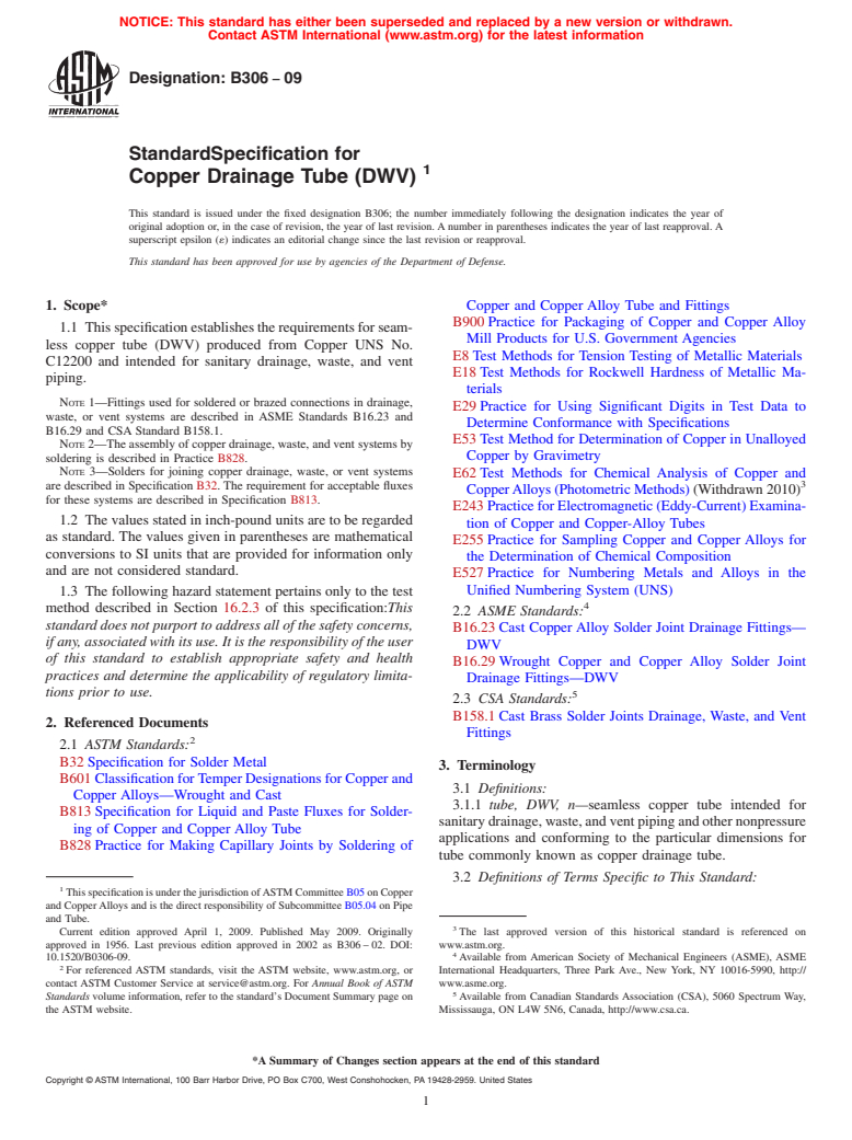 ASTM B306-09 - Standard Specification for Copper Drainage Tube (DWV)