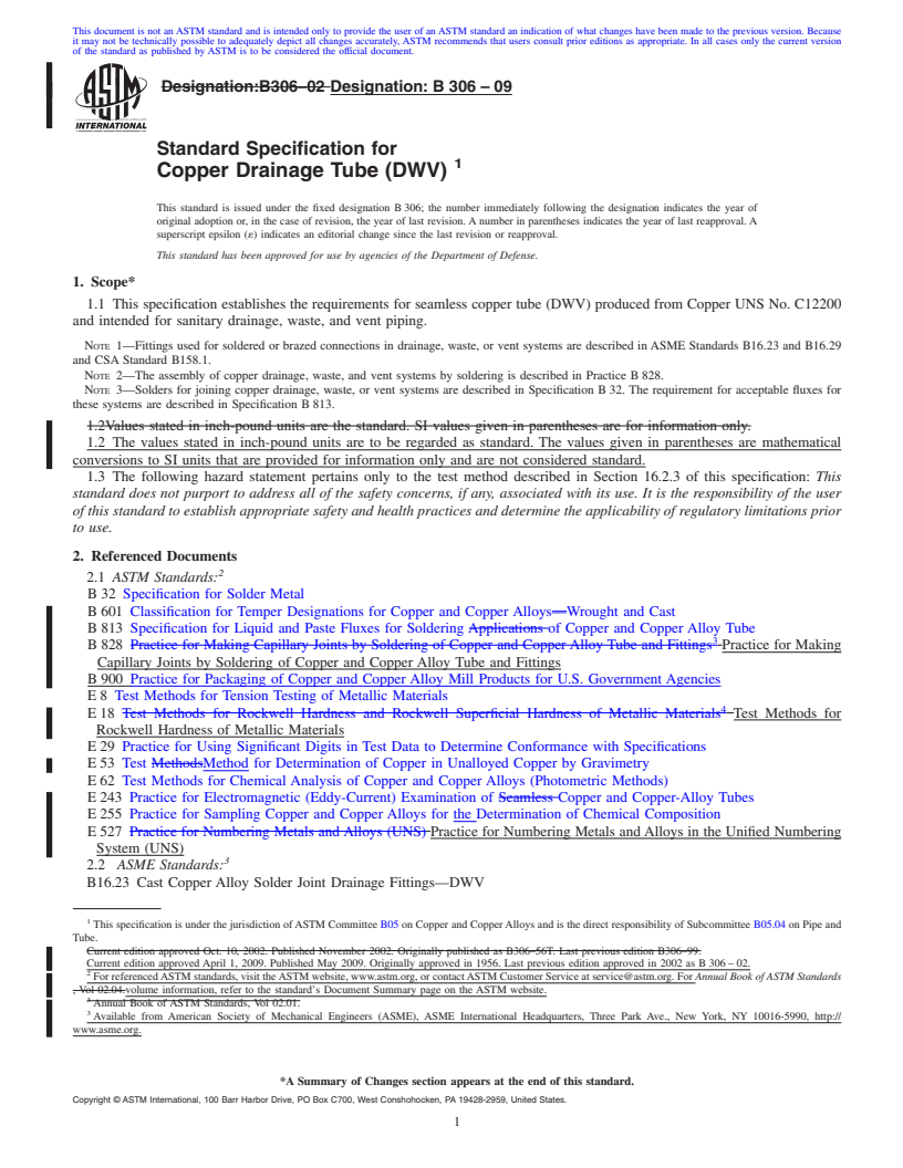 REDLINE ASTM B306-09 - Standard Specification for Copper Drainage Tube (DWV)