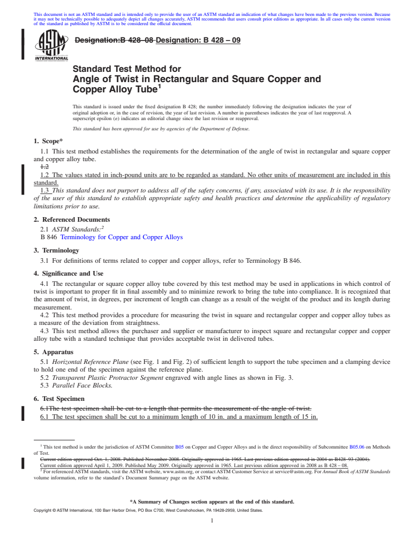 REDLINE ASTM B428-09 - Standard Test Method for Angle of Twist in Rectangular and Square Copper and Copper Alloy Tube