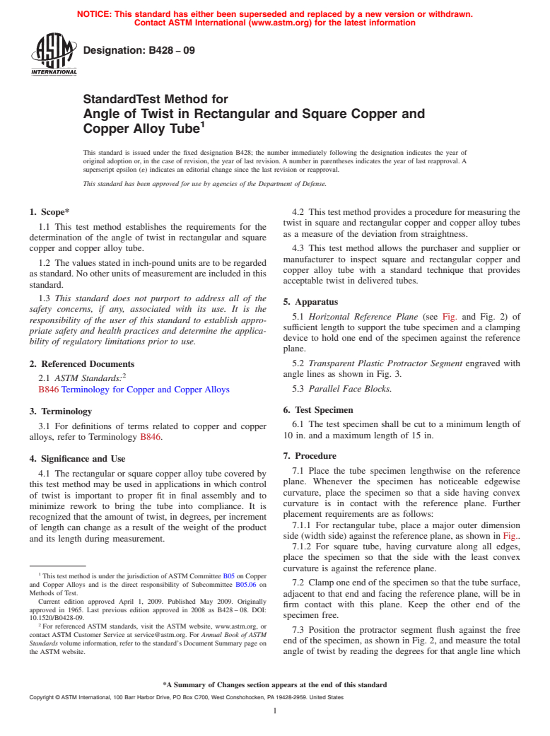 ASTM B428-09 - Standard Test Method for Angle of Twist in Rectangular and Square Copper and Copper Alloy Tube