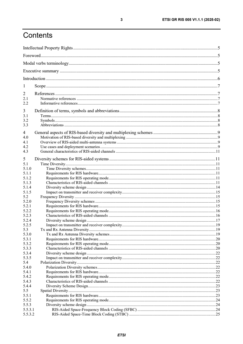 ETSI GR RIS 005 V1.1.1 (2025-02) ETSI GR RIS 005 V1.1.1 (2025-02) - Reconfigurable Intelligent Surfaces (RIS); Diversity and Multiplexing of RIS-aided Communications