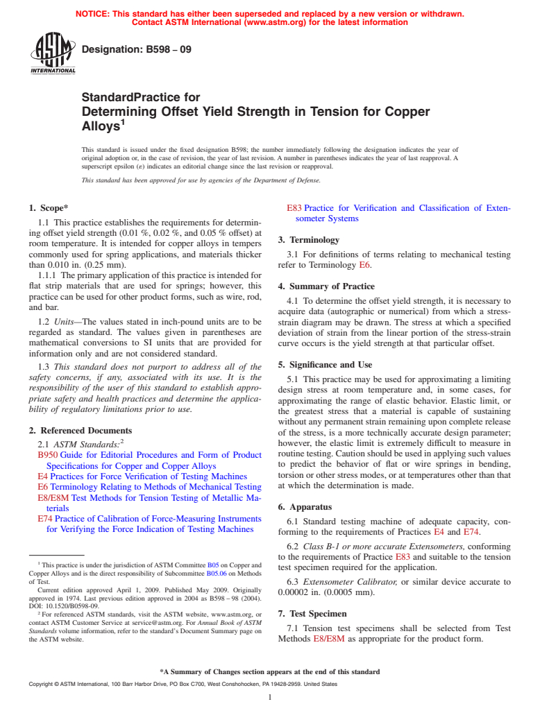 ASTM B598-09 - Standard Practice for Determining Offset Yield Strength in Tension for Copper Alloys