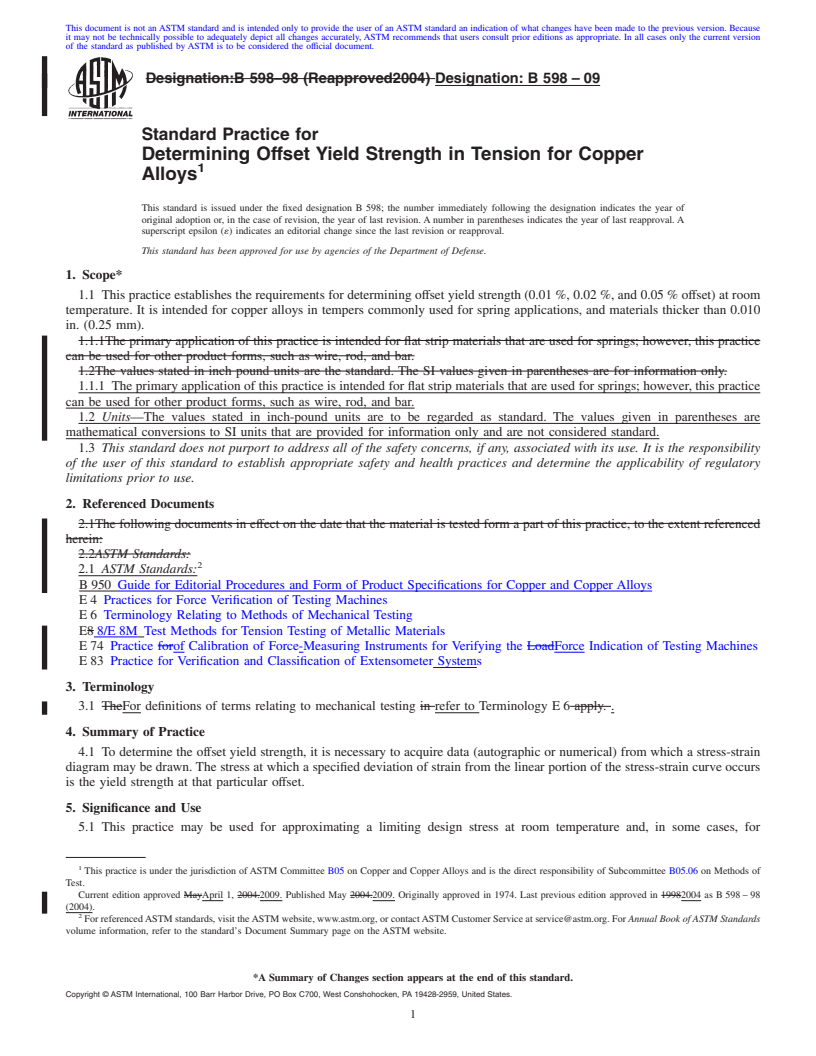 REDLINE ASTM B598-09 - Standard Practice for Determining Offset Yield Strength in Tension for Copper Alloys