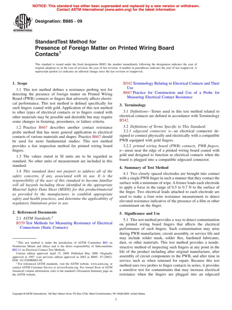 ASTM B885-09 - Standard Test Method for Presence of Foreign Matter on Printed Wiring Board Contacts