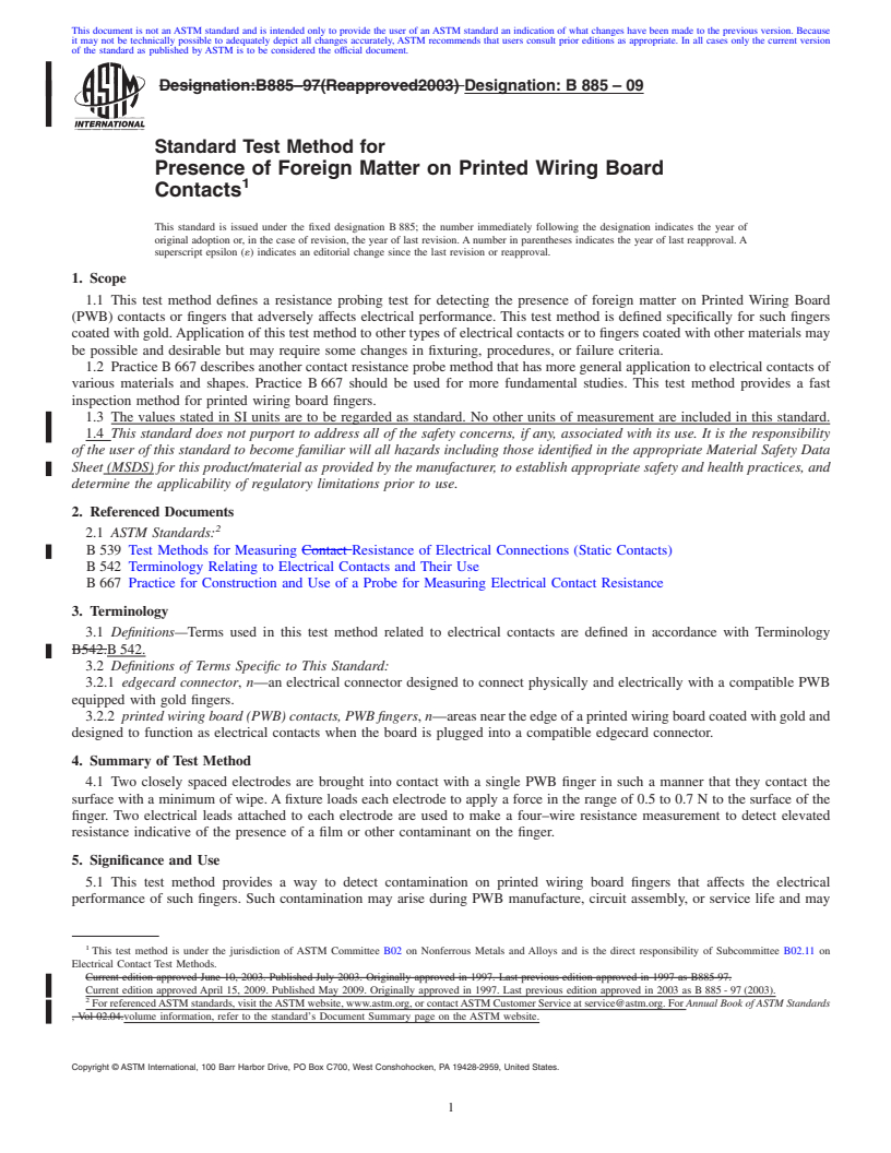 REDLINE ASTM B885-09 - Standard Test Method for Presence of Foreign Matter on Printed Wiring Board Contacts