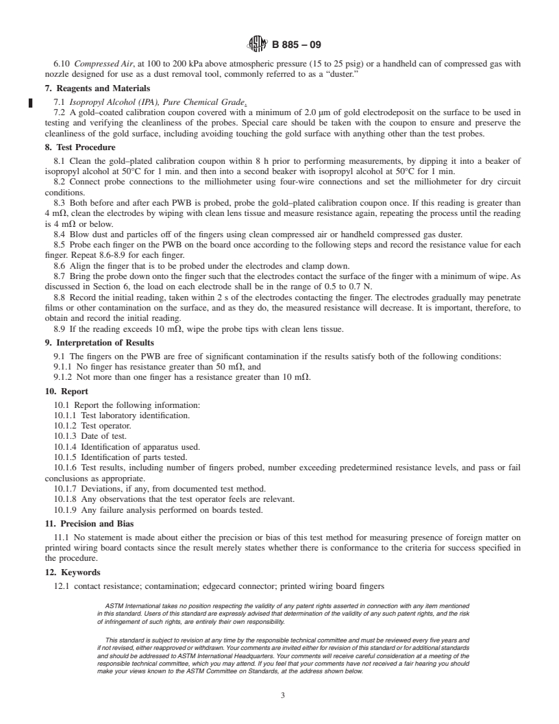 REDLINE ASTM B885-09 - Standard Test Method for Presence of Foreign Matter on Printed Wiring Board Contacts