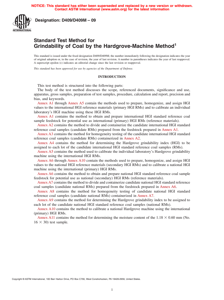 ASTM D409/D409M-09 - Standard Test Method for Grindability of Coal by the Hardgrove-Machine Method