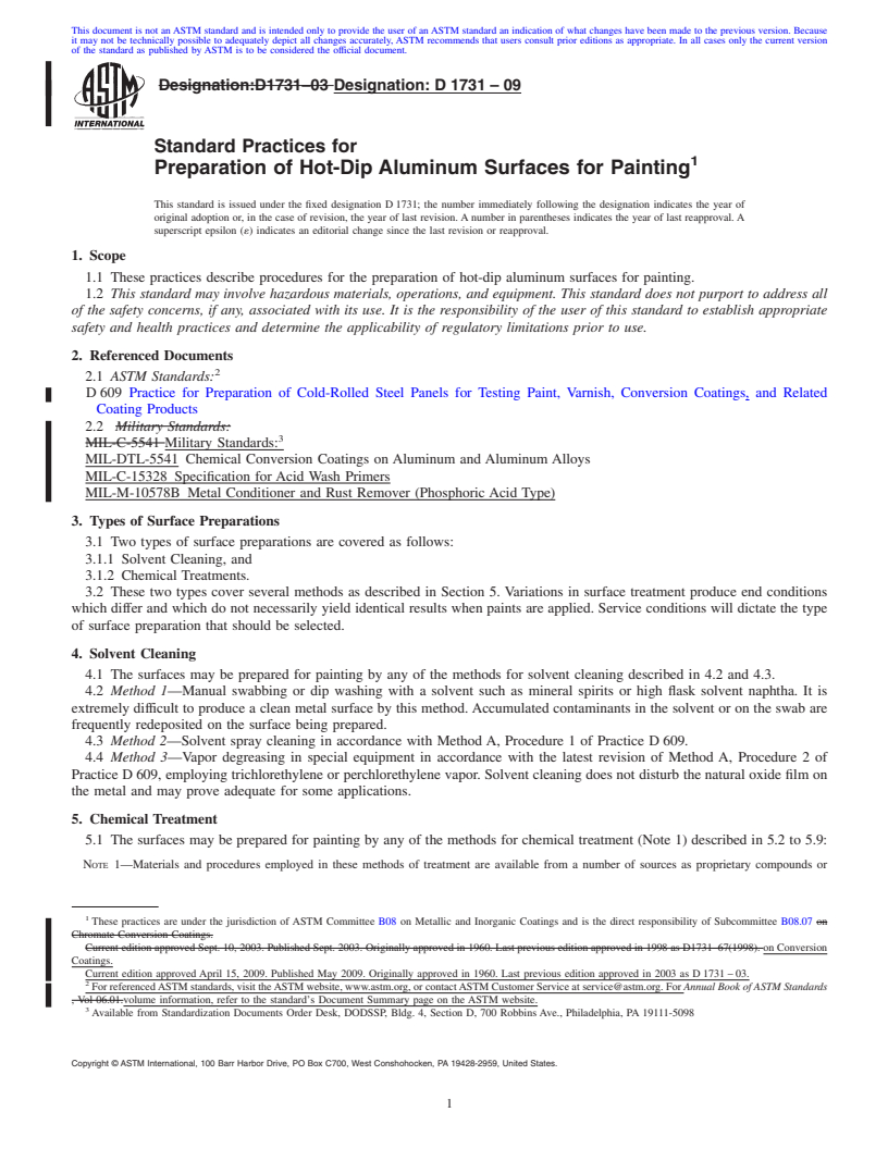 REDLINE ASTM D1731-09 - Standard Practices for Preparation of Hot-Dip Aluminum Surfaces for Painting