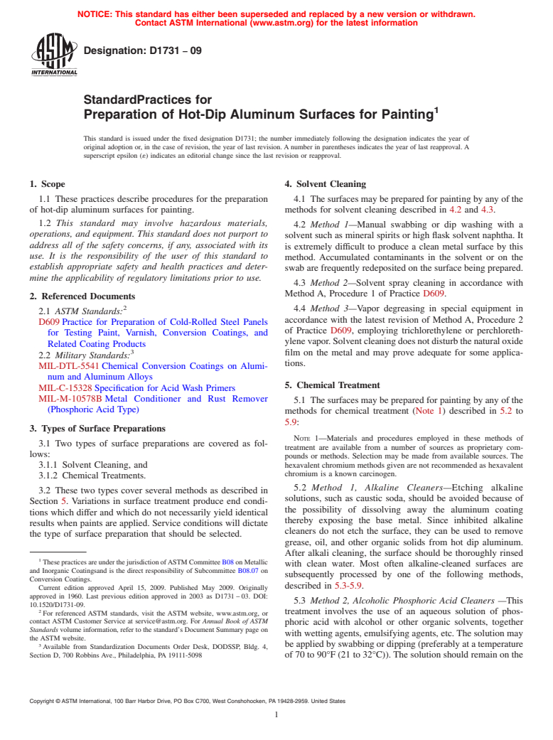 ASTM D1731-09 - Standard Practices for Preparation of Hot-Dip Aluminum Surfaces for Painting