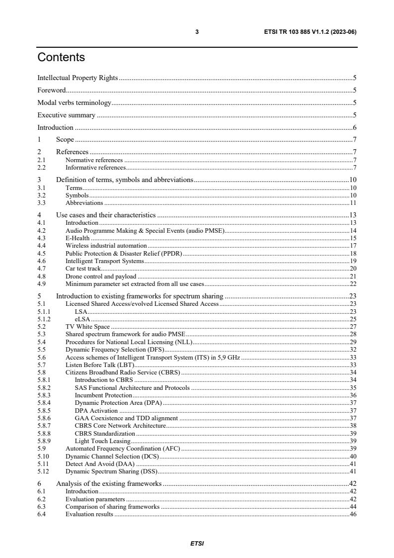 ETSI TR 103 885 V1.1.2 (2023-06) - Reconfigurable Radio Systems (RRS); Feasibility study on existing spectrum sharing frameworks for temporary and flexible spectrum access