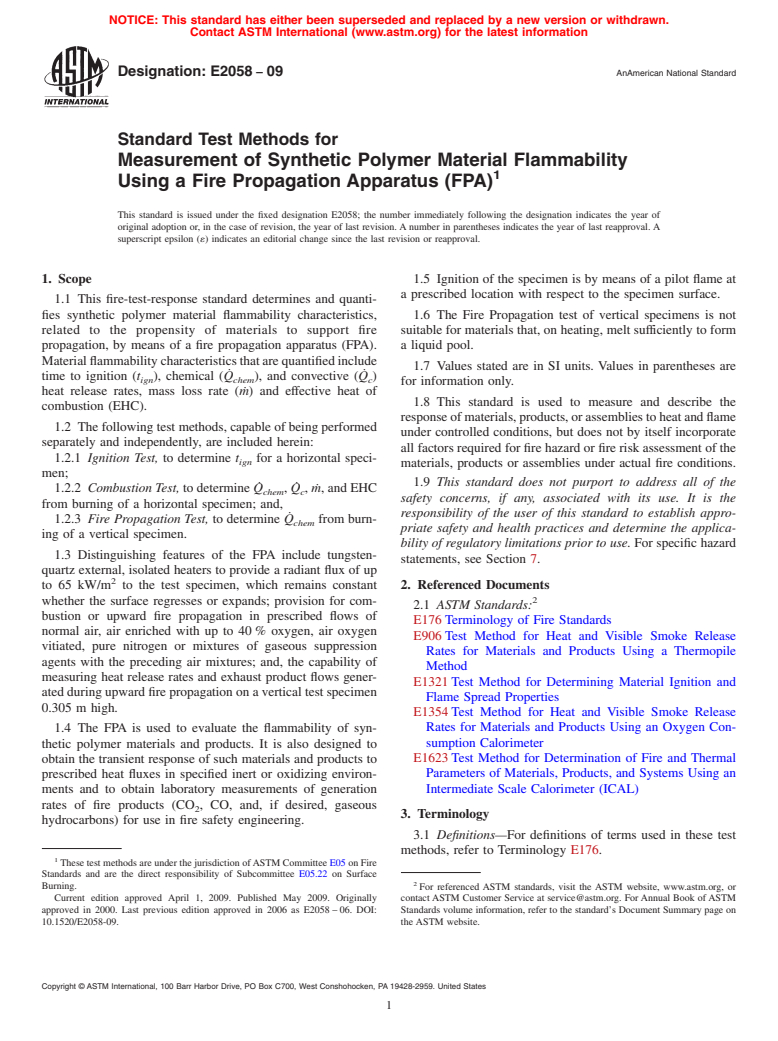 ASTM E2058-09 - Standard Test Methods for Measurement of Synthetic Polymer Material Flammability Using a Fire Propagation Apparatus (FPA)