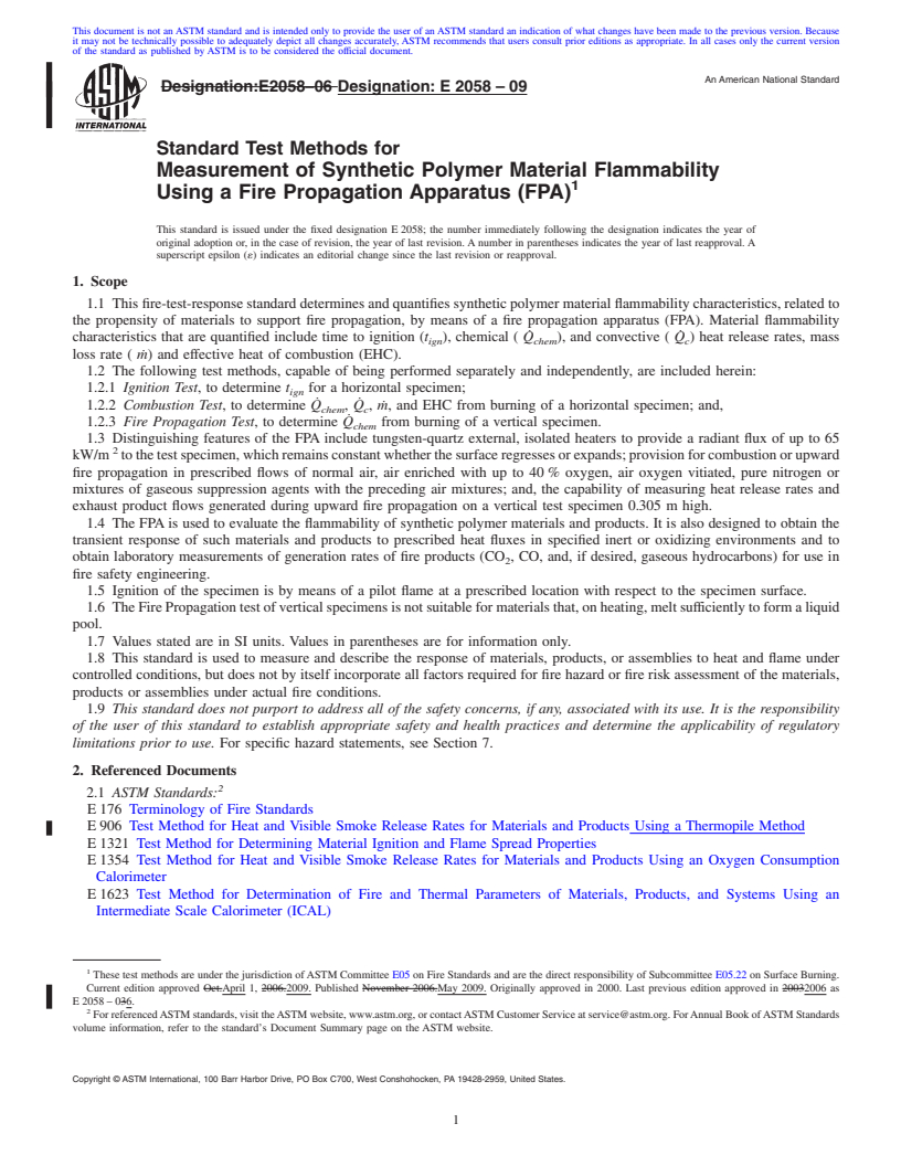 REDLINE ASTM E2058-09 - Standard Test Methods for Measurement of Synthetic Polymer Material Flammability Using a Fire Propagation Apparatus (FPA)