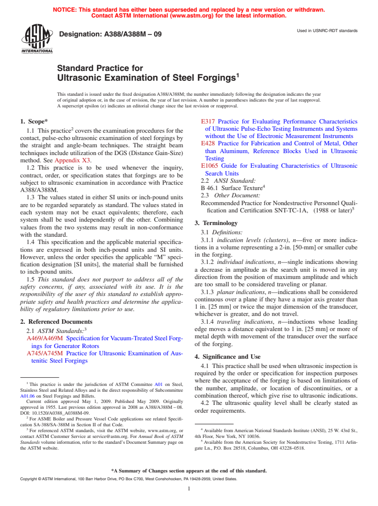 ASTM A388/A388M-09 - Standard Practice for  Ultrasonic Examination of Steel Forgings