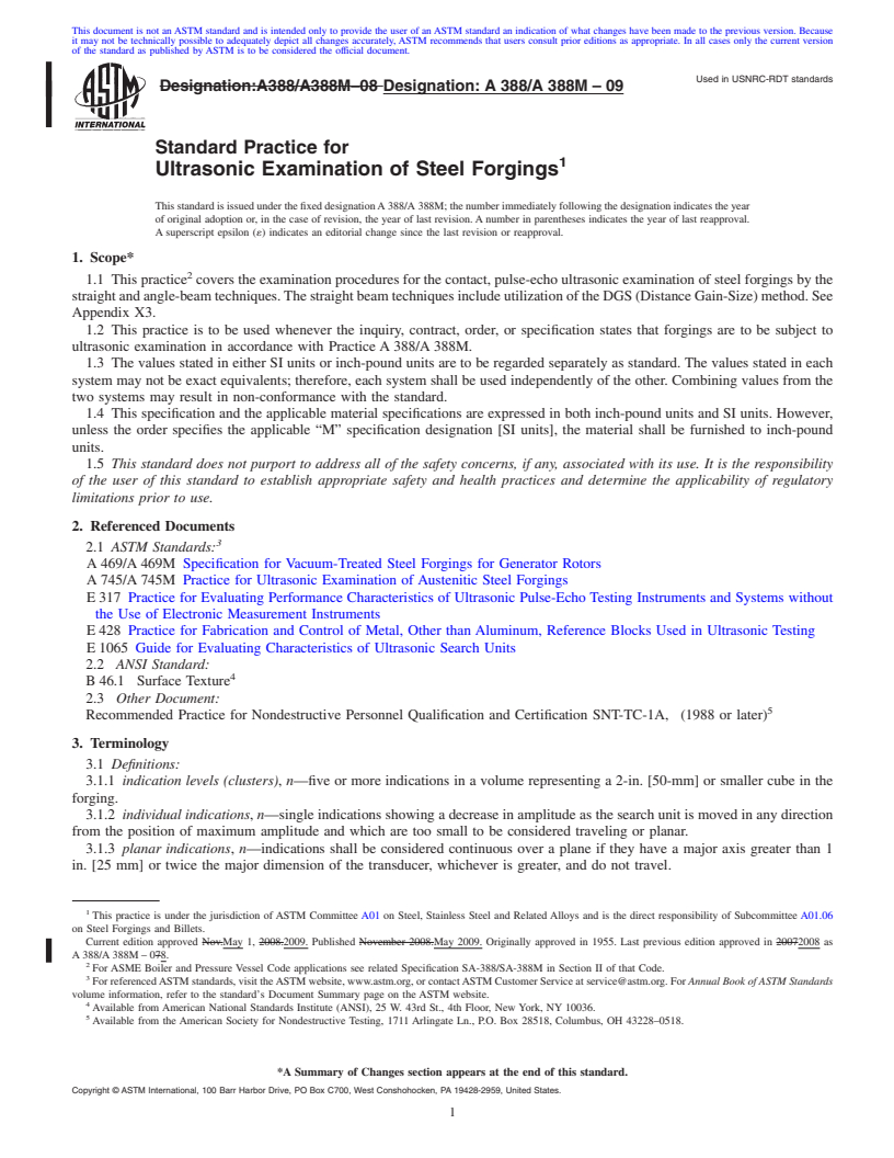 REDLINE ASTM A388/A388M-09 - Standard Practice for  Ultrasonic Examination of Steel Forgings