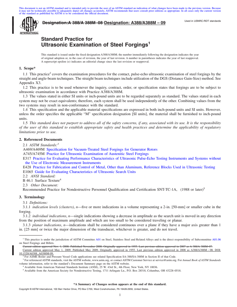 REDLINE ASTM A388/A388M-09 - Standard Practice for  Ultrasonic Examination of Steel Forgings