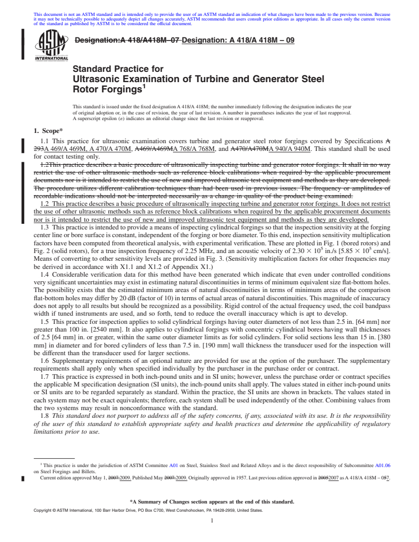 REDLINE ASTM A418/A418M-09 - Standard Practice for Ultrasonic Examination of Turbine and Generator Steel Rotor Forgings